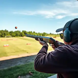 Competitive trap shooter aiming an over-under shotgun at a clay target on a sunny shooting range, surrounded by nature and other shooters