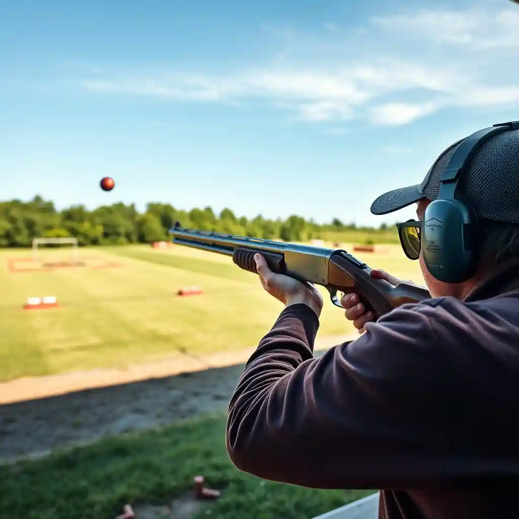 Competitive trap shooter aiming an over-under shotgun at a clay target on a sunny shooting range, surrounded by nature and other shooters