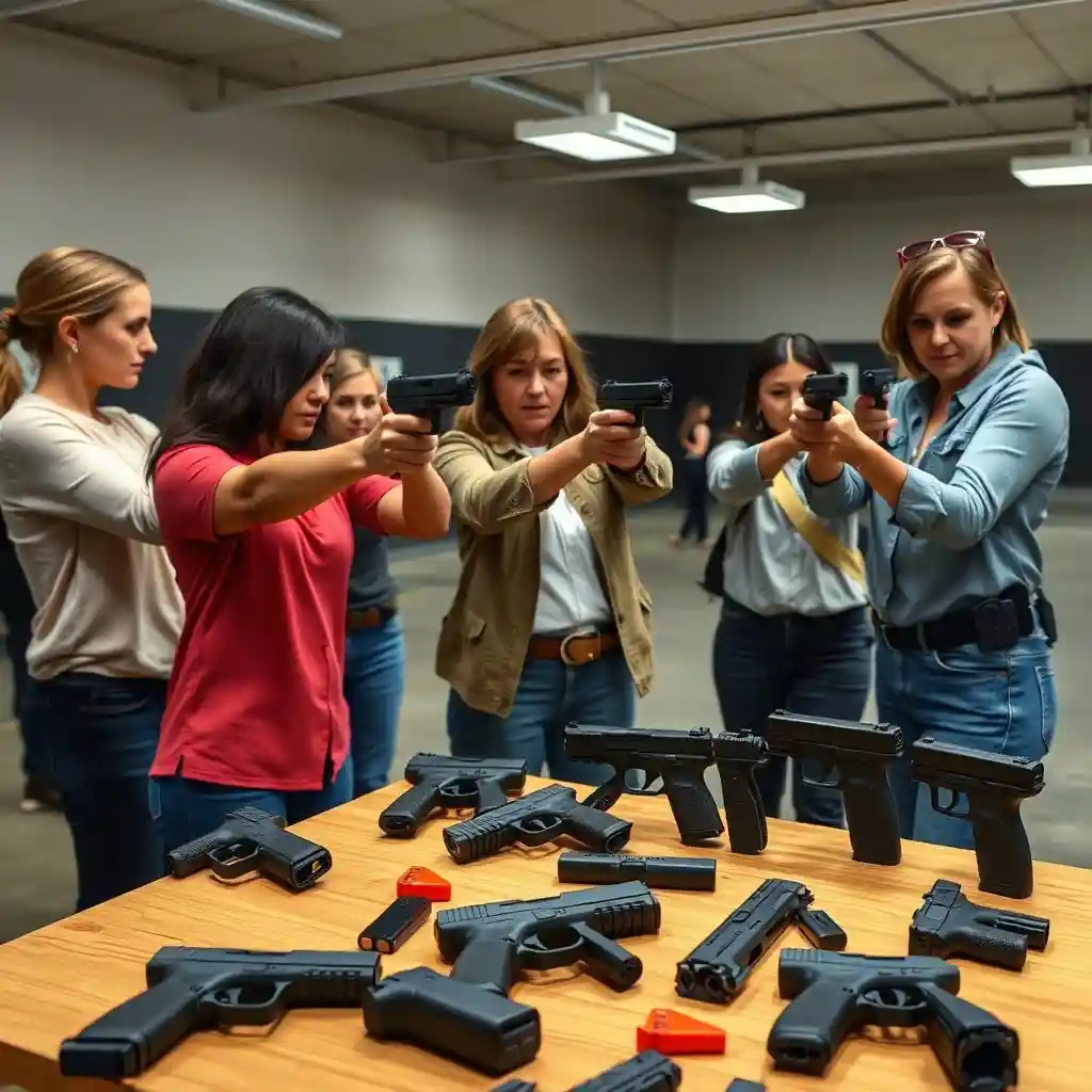 Women practicing with concealed carry handguns at a modern shooting range, featuring compact firearms like the Glock 43X, Smith & Wesson M&P Shield EZ, and Sig Sauer P365, along with holsters and safety gear