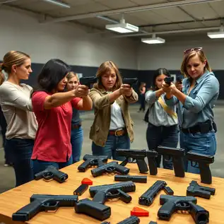 Women practicing with concealed carry handguns at a modern shooting range, featuring compact firearms like the Glock 43X, Smith & Wesson M&P Shield EZ, and Sig Sauer P365, along with holsters and safety gear