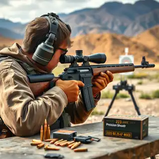 A young man practicing with a Ruger 10/22 rifle outside at a shooting range, showcasing the rifle and its accessories.