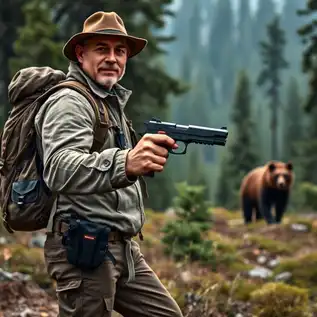 Man hiking in the mountains with a firearm. A bear is in the background approaching.