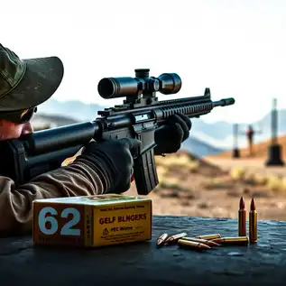 AR-15 rifle with 62 grain 223 ammo on a shooting bench, showcasing detailed bullets and casings, set against a shooting range backdrop with targets in the distance.