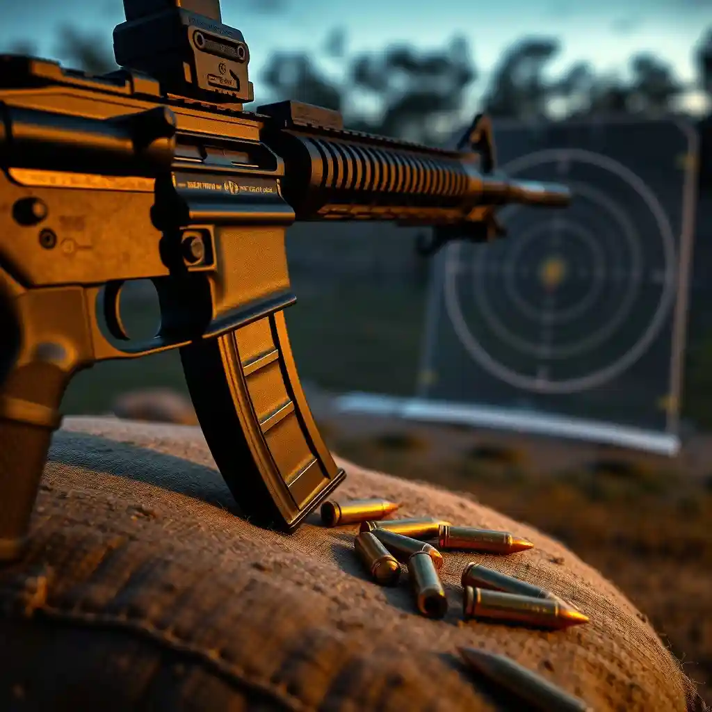 Close-up of an AR-15 rifle with 5.56 black tip ammo on a tactical shooting range, showcasing precision and armor-piercing capabilities in a dusk setting.