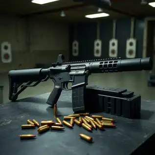 Tactical AR-15 rifle with suppressor and subsonic 5.56 ammo on a shooting bench in an indoor range setting.