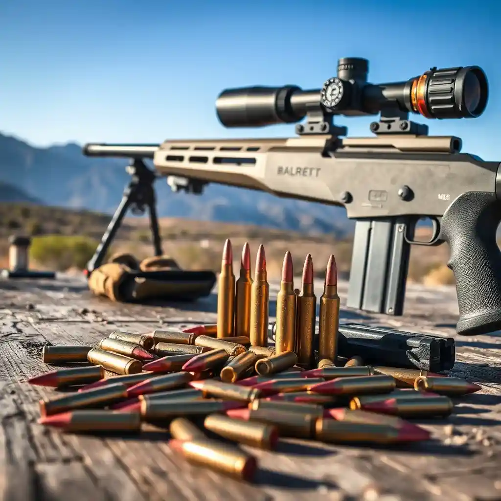 Close-up of 50 cal ammo and a Barrett M82 rifle on a shooting range, with spent and live rounds on a wooden table. The background features a mountain range, highlighting the long-range precision of 50 BMG ammunition