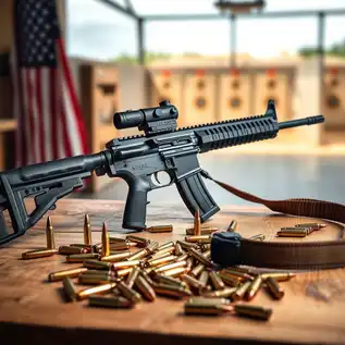 Modern AR-15 rifle with 5.56 NATO ammunition on a wooden table, featuring tactical accessories and a shooting range background with an American flag