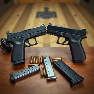 5.7x28mm vs 9mm handguns and ammunition comparison: FN Five-seveN and Glock 19 with respective rounds on a wooden table, showcasing tactical shooting gear.