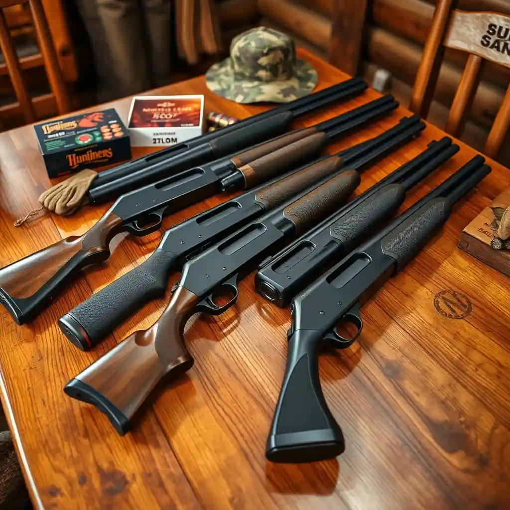 Collection of best 20 gauge shotguns, including Remington 870, Mossberg 500, and Benelli Montefeltro, displayed on a wooden table in a hunting lodge setting with accessories like shotgun shells, gloves, and a camouflage hat