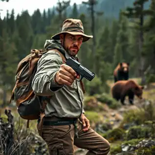 A hiker in a forest setting holding a high-caliber handgun for bear defense, wearing outdoor gear with a dense forest background and a faint bear silhouette in the distance, emphasizing preparedness and safety in bear country