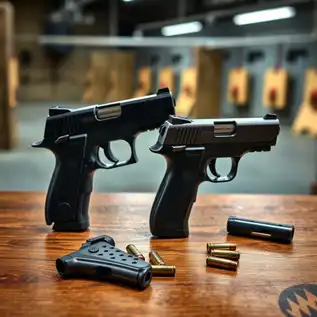 Selection of Glock 9mm pistols for concealed carry, including the Glock 43X, Glock 48, Glock 26, and Glock 19, displayed on a tactical mat with magazines and subtle shooting range background