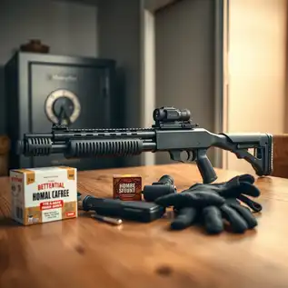 Modern home defense setup featuring a tactical shotgun with mounted flashlight and red dot sight, surrounded by 12-gauge buckshot ammunition, a cleaning kit, and tactical gloves on a wooden table. A secure gun safe is visible in the background, highlighting preparedness and safety.