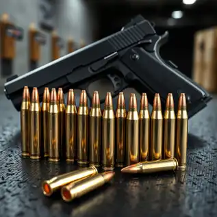 45 ACP Hollow Point ammunition rounds and a modern handgun displayed on a dark surface, highlighting their design and tactical use.