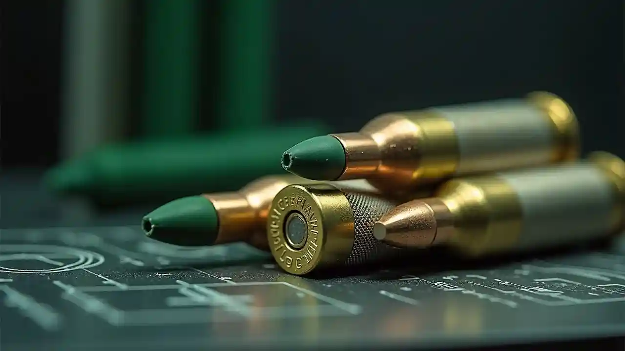 A close-up of 5.56 green tip ammunition