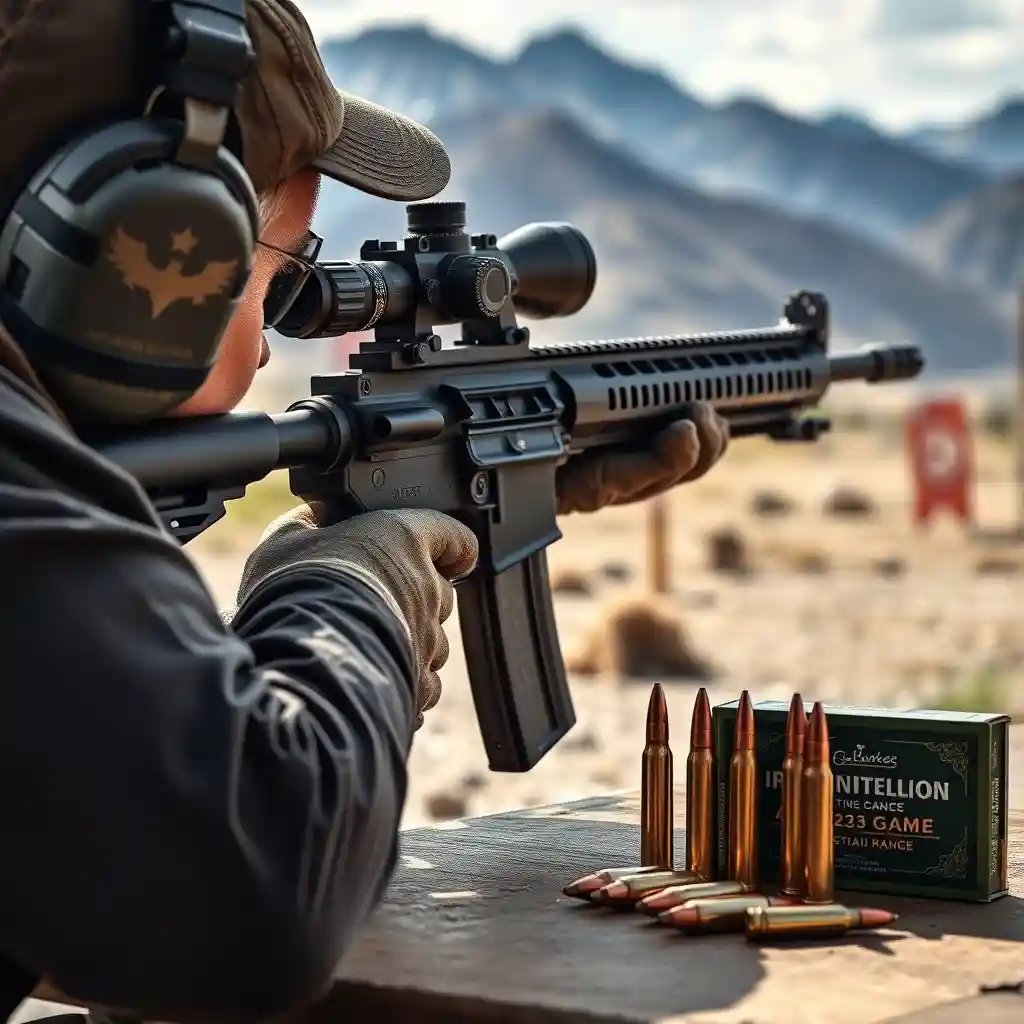 9mm pistol rounds and 5.56 rifle cartridges displayed side by side, highlighting their size and design differences, with a blurred shooting range background.