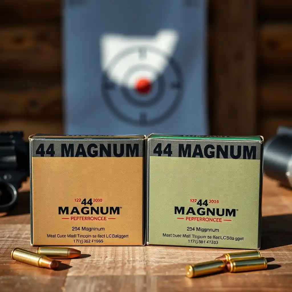 Fiocchi Hyperformance 44 Magnum 200 and 240 grain ammunition boxes displayed on a wooden table with a revolver and shooting accessories in the background.