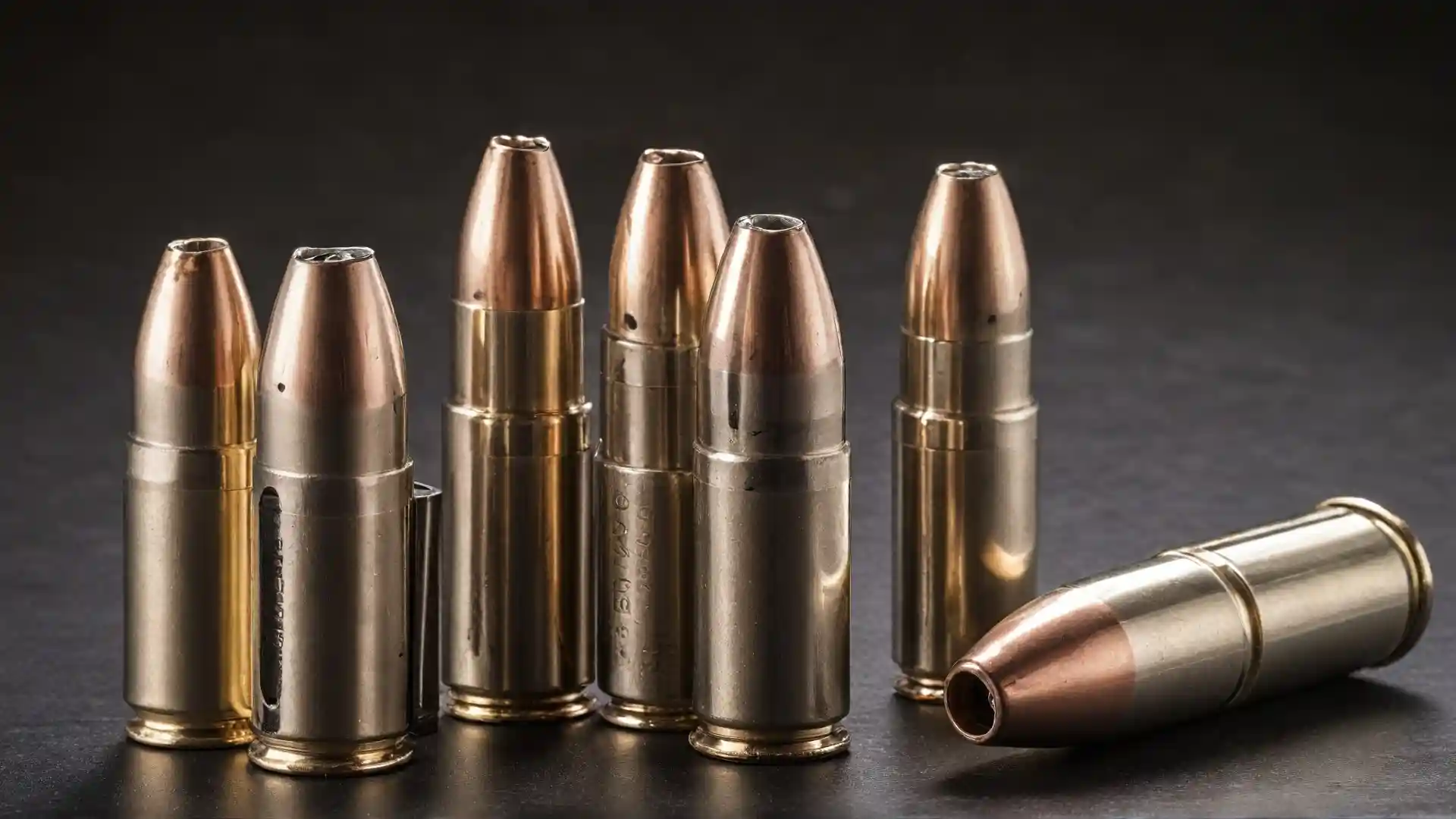 Various types of 9mm ammunition laid out for comparison