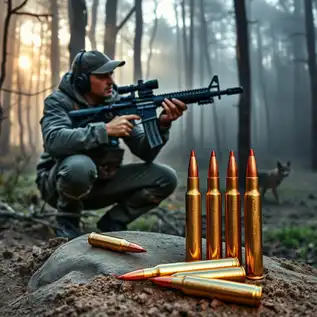 A hunter in a wooded area at dawn, holding an AR-15 rifle chambered in .223 Remington, with close-up details of .223 hollow point and soft point ammunition on a rock. The misty forest background features soft sunlight and a faint coyote silhouette in the distance