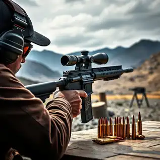 Shooter at a range with 55 grain 223 ammo on a table, highlighting the lightweight design and metallic finish of the ammunition.