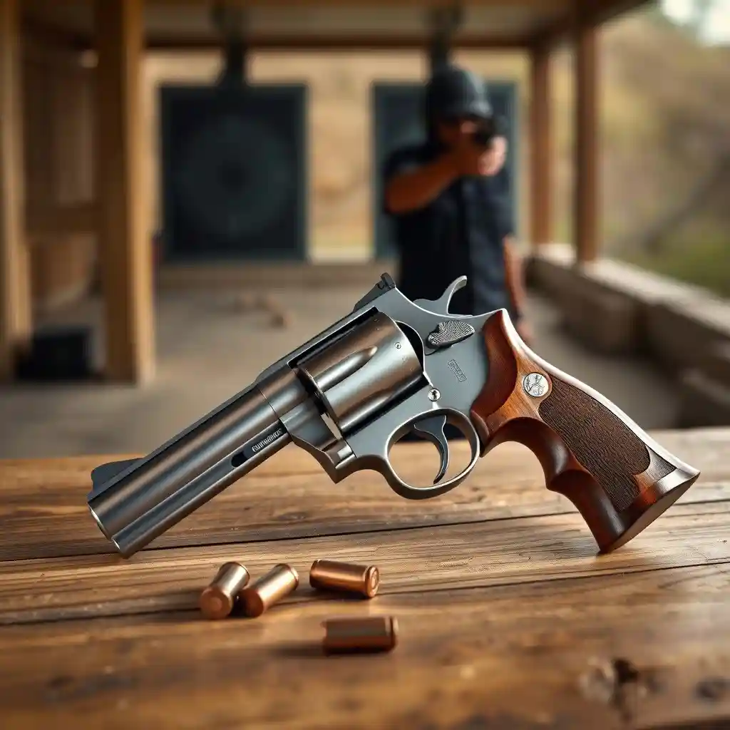 A stainless steel revolver with a wooden grip sits on a wooden table, surrounded by .357 Magnum ammunition. In the background, a blurred shooter holds a revolver at a shooting range, with spent casings on the ground