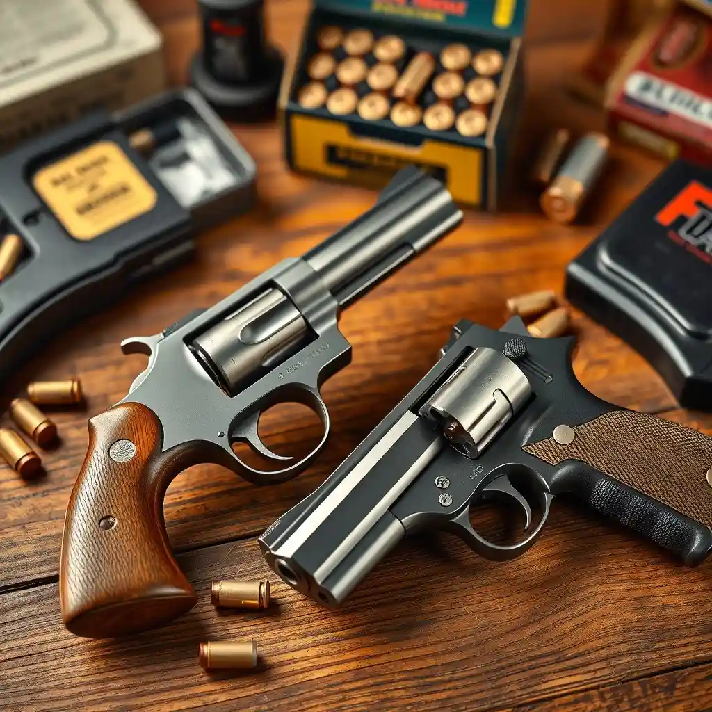 Comparison of a single-action revolver and a double-action semi-automatic pistol on a wooden table, with shell casings, a cleaning kit, and ammunition in the background