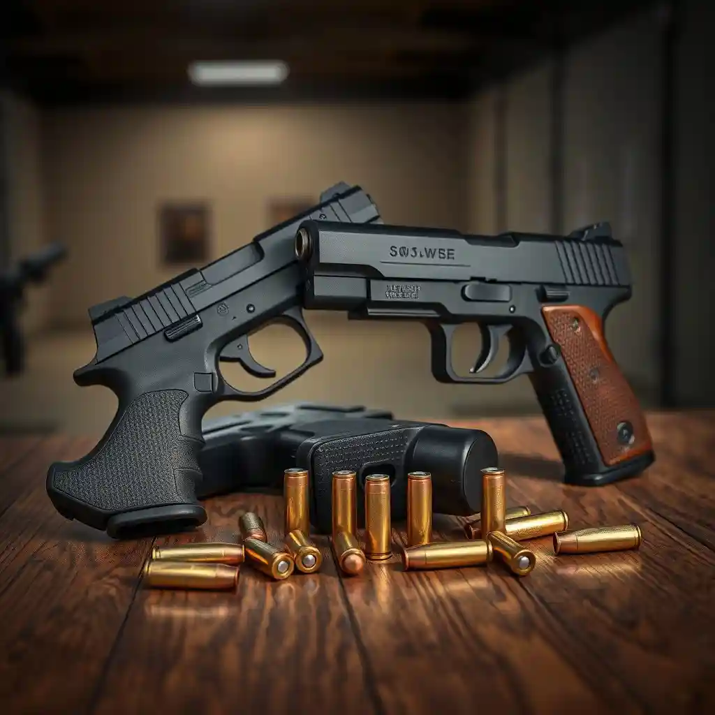 Collection of top self defense handguns including Glock 19, Sig Sauer P365, Smith & Wesson M&P Shield, Springfield Armory XD-S, and Ruger LCP II, displayed on a wooden table with magazines and ammunition, set against a blurred tactical background