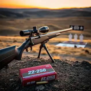 Bolt-action rifle chambered in 22-250 Remington on a bipod at a sunset shooting range, with 22-250 ammo and spent cartridge in the foreground, set against a scenic backdrop of rolling hills and varmint targets.