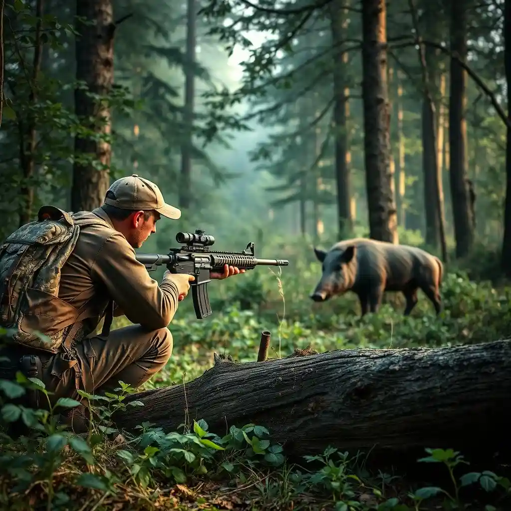 A hunter in camouflage gear crouches behind a fallen tree in a dense forest, aiming an AR-15 rifle at a wild boar in the distance. The scene captures the intensity and precision of 223 boar hunting, with early morning light illuminating the forest