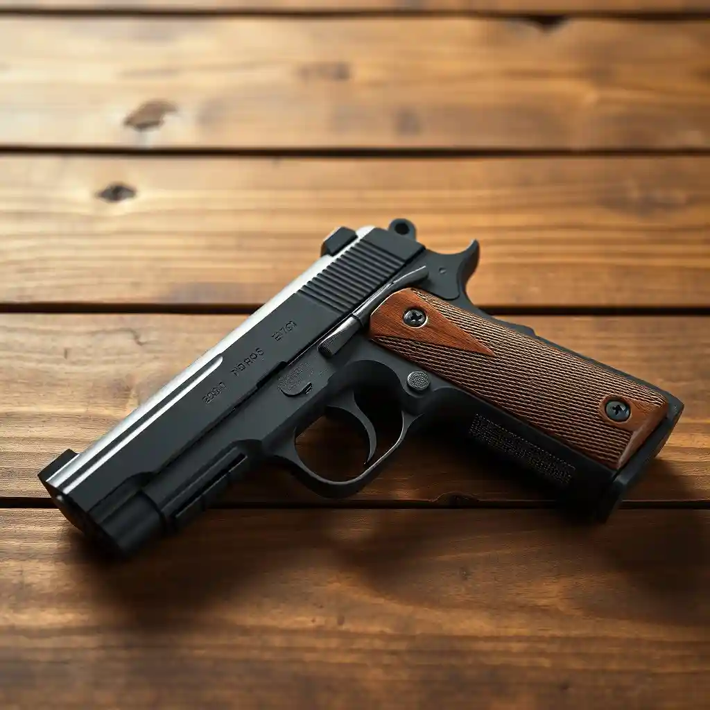 45 ACP pistol on a wooden table.