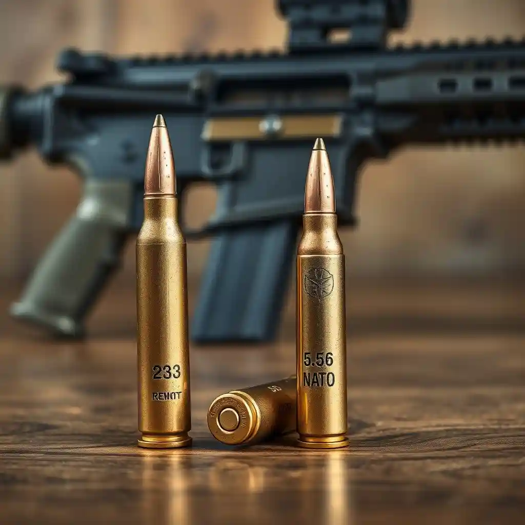 Close-up comparison of .223 Remington and 5.56 NATO ammunition cartridges on a wooden table, with a blurred AR-15 rifle in the background.