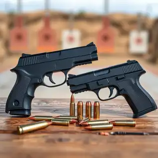 Comparison of 380 ACP and 9mm Luger handguns with ammunition on a wooden table, set against a blurred outdoor shooting range background