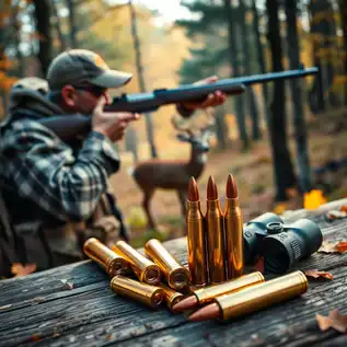 Hunter in an autumn forest holding a 350 Legend rifle, with a deer in the background and 350 Legend ammunition displayed on a wooden surface.