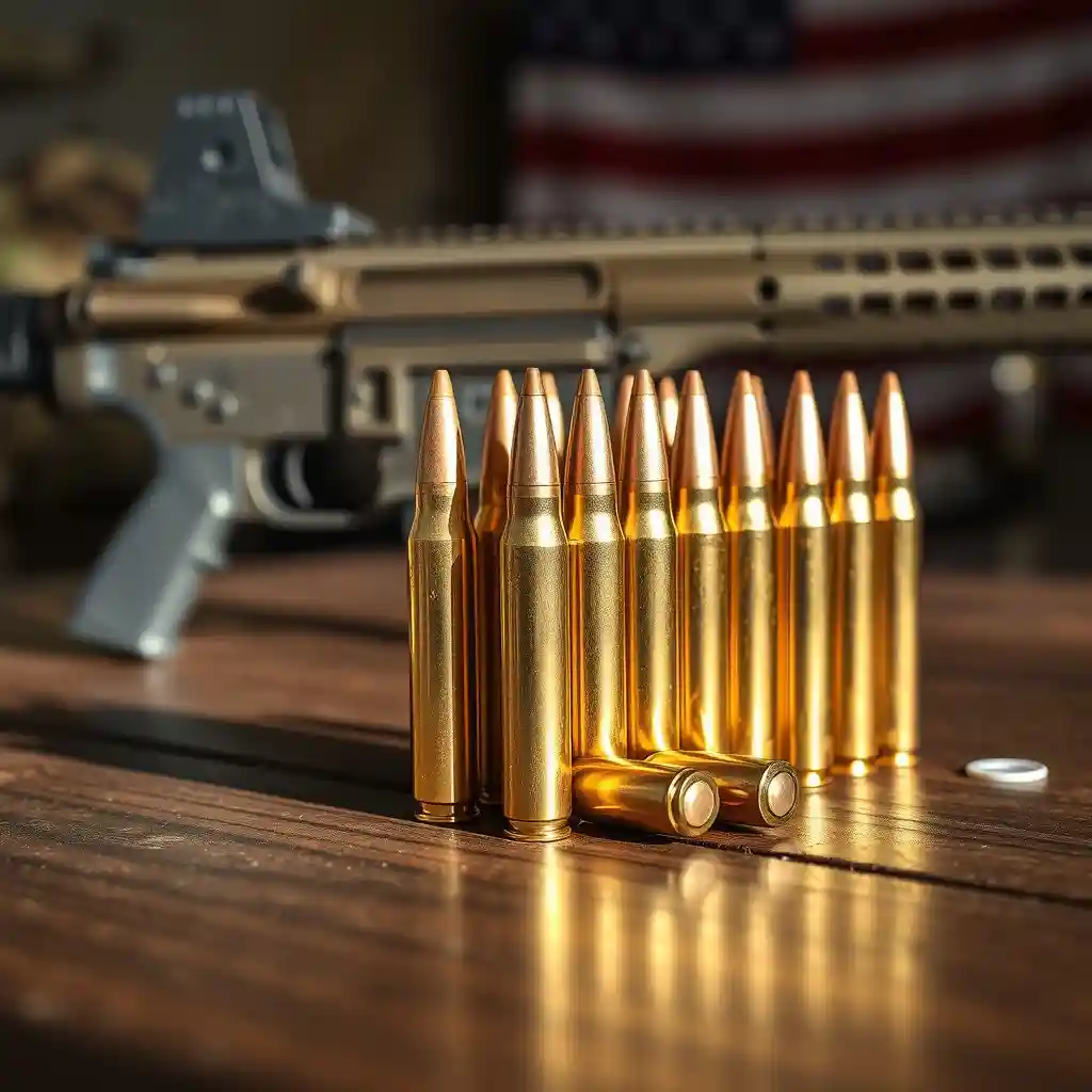 Close-up of 5.56 hollow point ammunition rounds with hollow point design visible, arranged on a wooden table. An AR-15 rifle is blurred in the background, set against a tactical-themed backdrop with natural lighting highlighting the details.