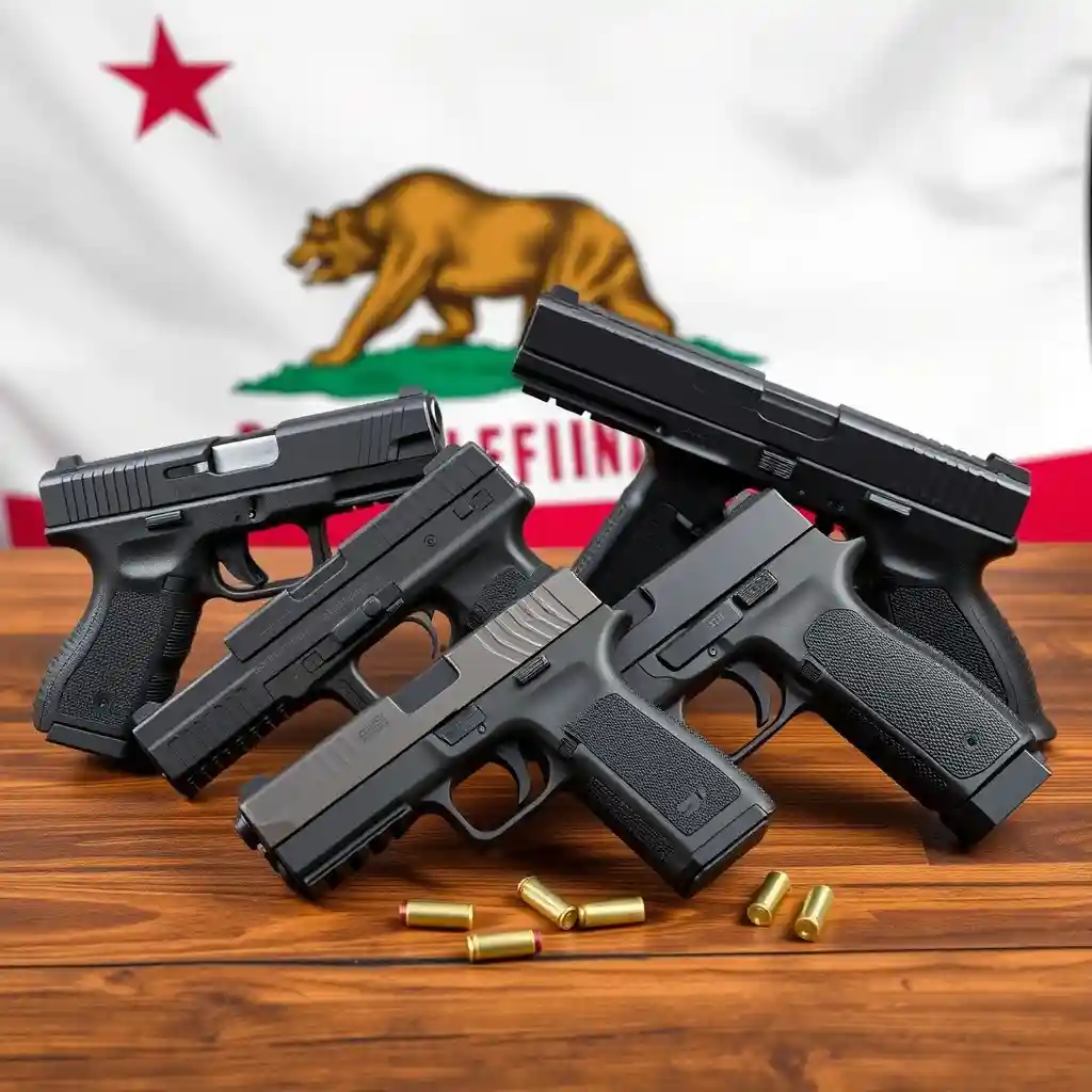 Collection of best handguns for home defense California, including Glock 19, Smith & Wesson M&P Shield, Sig Sauer P320, and Ruger SR9, displayed on a wooden table with 9mm ammunition and California state flag in the background