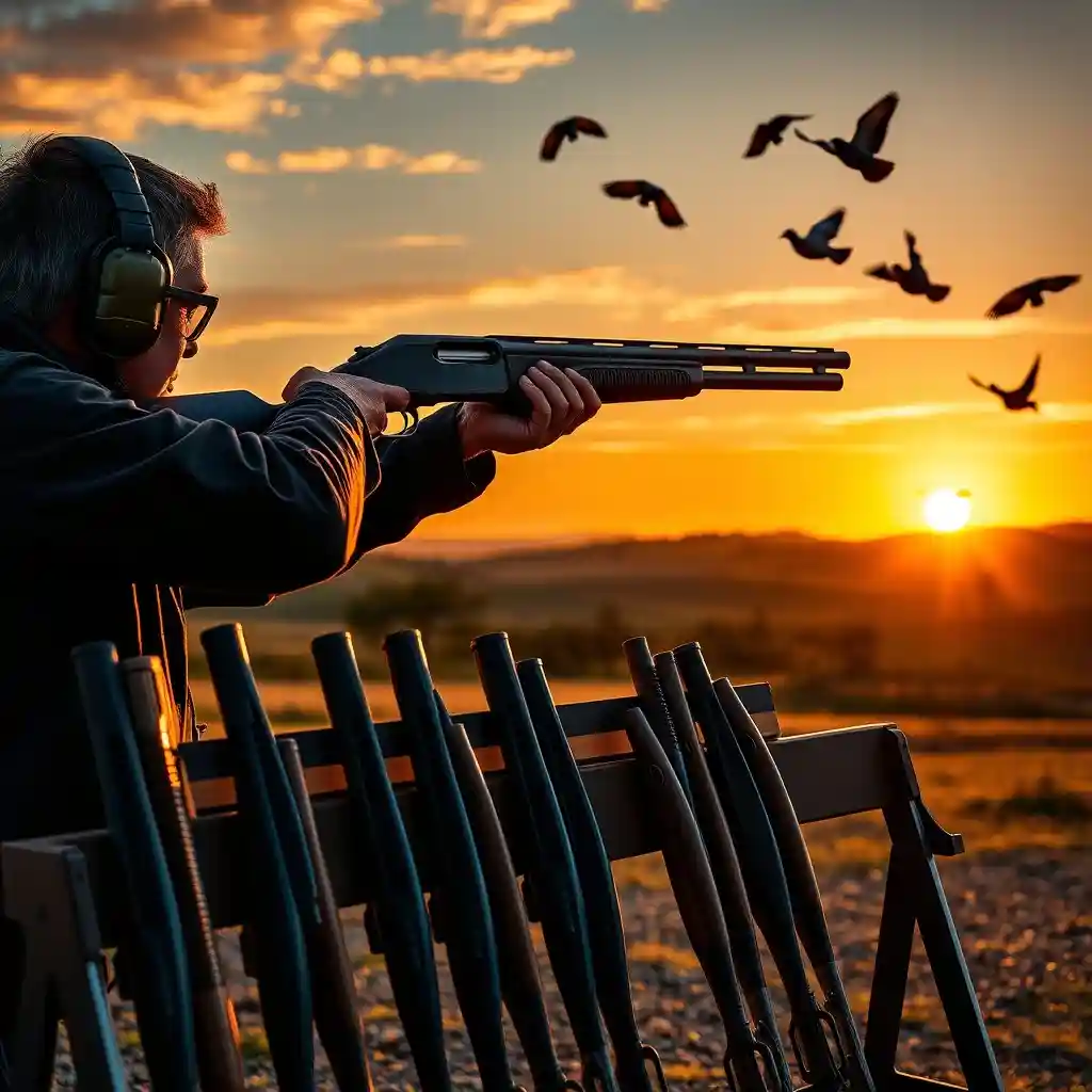 A shooter at a clay target range during sunset, using an over-and-under shotgun to break clay pigeons mid-air. A rack of shotguns, including over-and-under and semi-automatic models, is visible in the foreground, with a scenic outdoor backdrop of rolling hills and a golden sky.