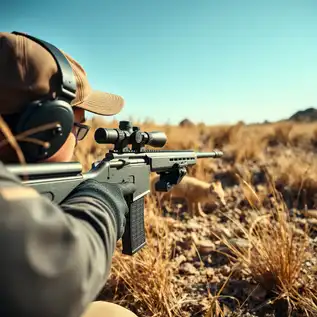 Hunter aiming a modern rifle at a coyote in a rugged outdoor setting, showcasing the best coyote caliber options for precision shooting and hunting