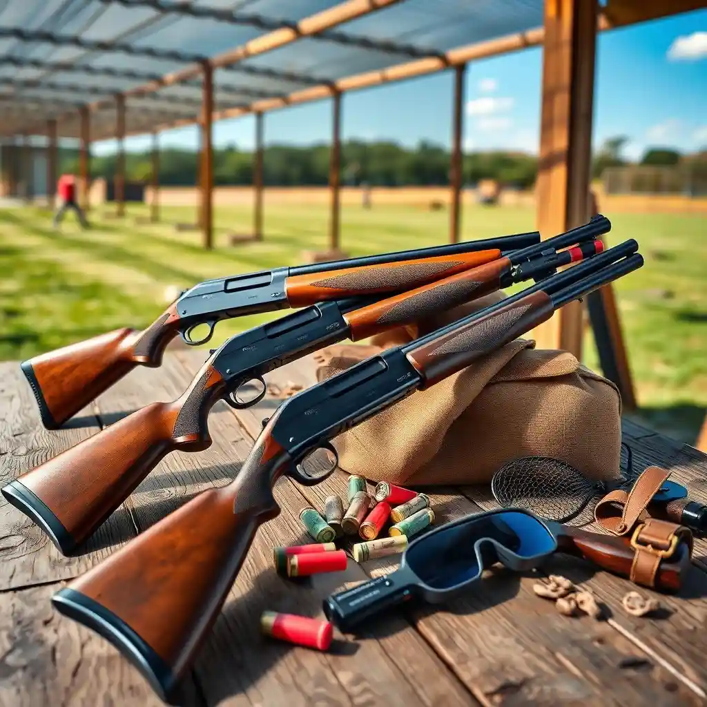 Top shotguns for skeet shooting, including the Beretta 686 Silver Pigeon, Browning Citori, and Remington 1100, displayed on a wooden table with skeet shooting accessories like clay pigeons and shotgun shells. Background features a skeet shooting range with a shooter in action under a clear blue sky.