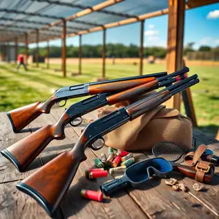 Top shotguns for skeet shooting, including the Beretta 686 Silver Pigeon, Browning Citori, and Remington 1100, displayed on a wooden table with skeet shooting accessories like clay pigeons and shotgun shells. Background features a skeet shooting range with a shooter in action under a clear blue sky.