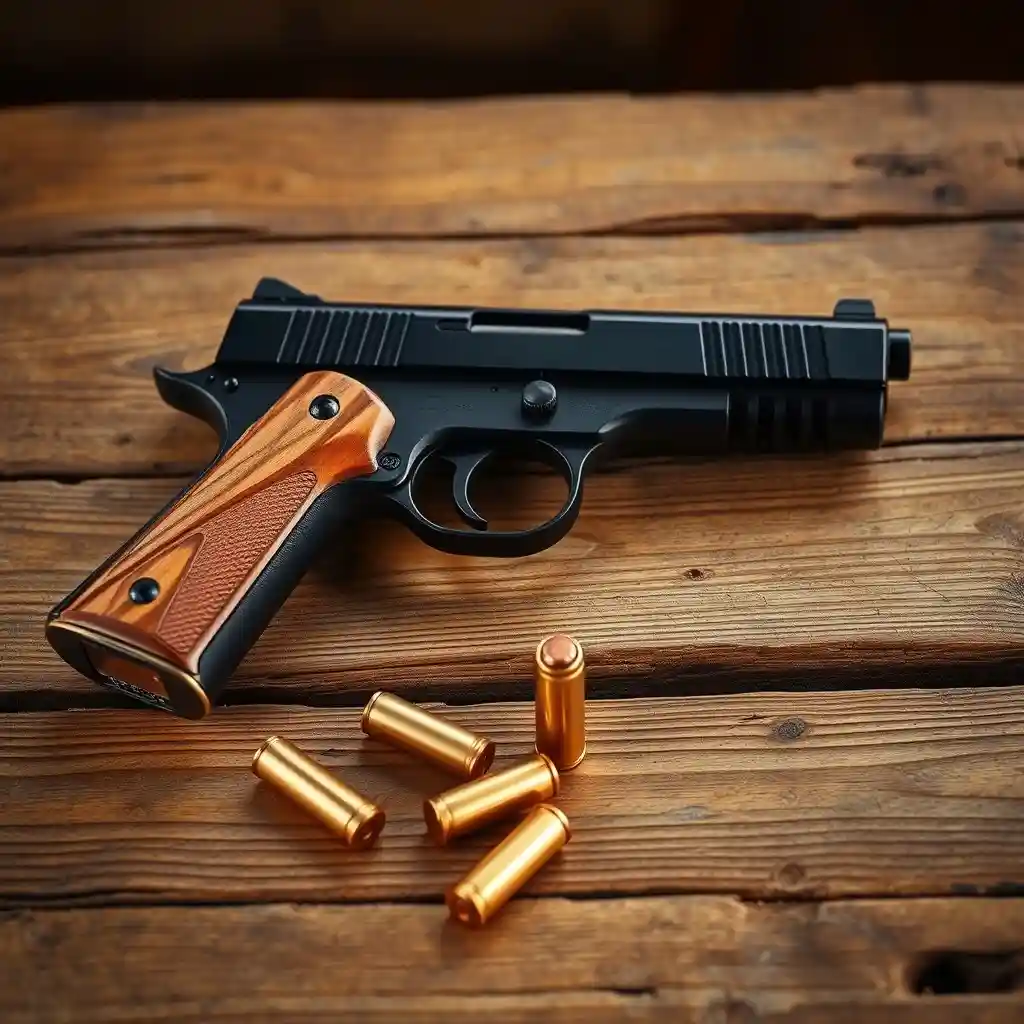 22 pistol on a wooden table.