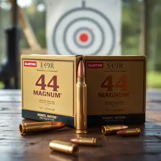 Fiocchi 44 XTP rifle ammo arranged on a wooden table with a .44 Magnum revolver in the background, set against a blurred forest or shooting range scene