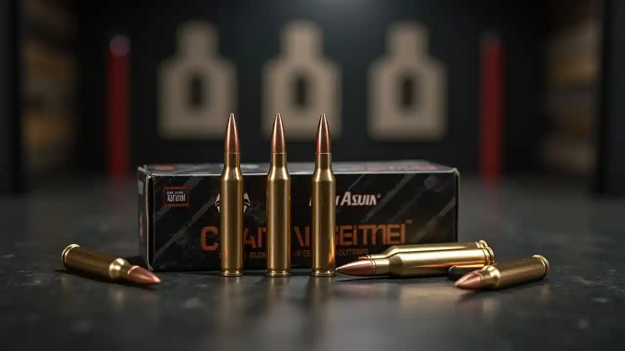 Close-up of 5.56 ammo with a rifle on a range bench