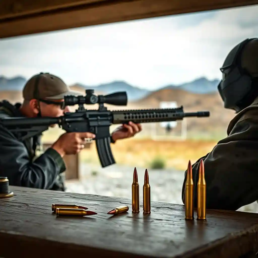 350 Legend and .223 ammunition comparison on a table with a man shooting a rifle