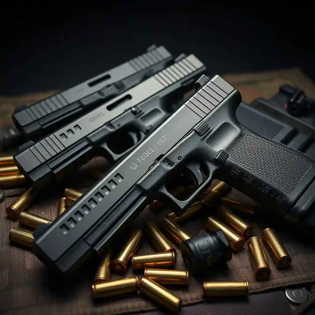 Collection of Glock pistols with aftermarket slides, showcasing optic cuts, serrations, and finishes like Cerakote and nitride, alongside 5.56 NATO ammunition and shooting accessories on a tactical mat.