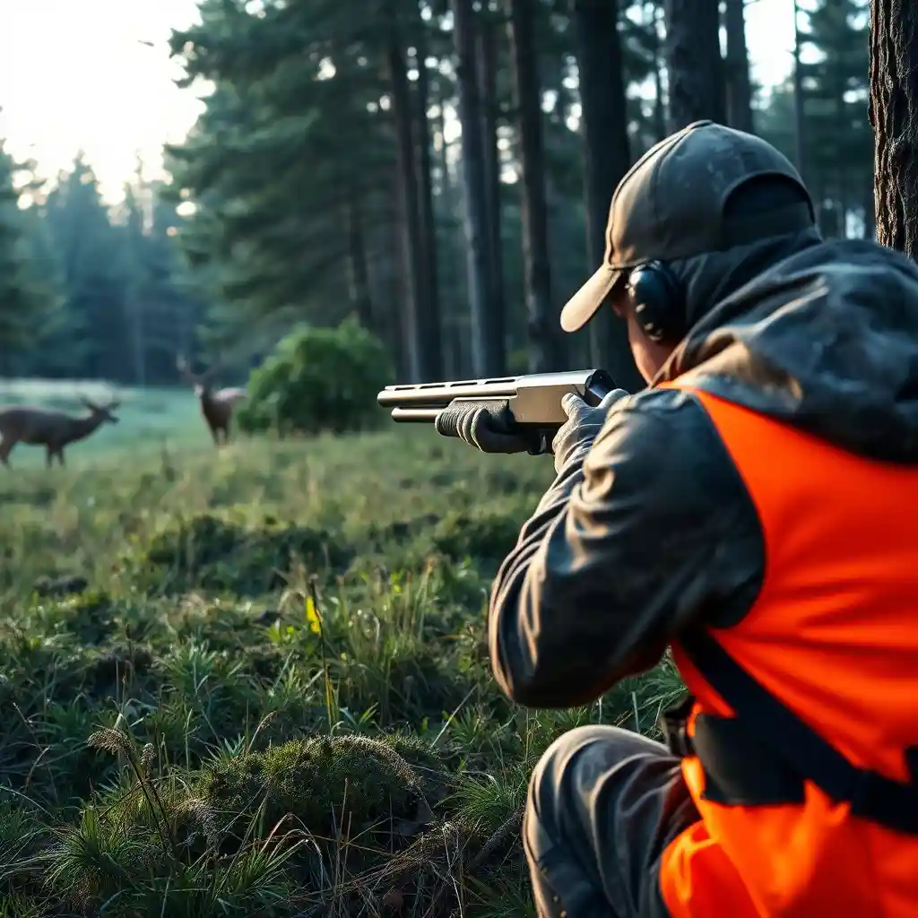 Hunter in camouflage gear aiming a 12-gauge shotgun at a deer in a dense forest during early morning, with soft sunlight filtering through the trees