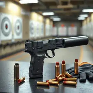 9mm pistol with suppressor on a shooting range table, surrounded by various suppressor models, with a blurred shooting range and targets in the background