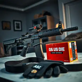 AR-15 rifle with red dot sight and weapon light, alongside 5.56 NATO ammunition, gloves, and tactical sling, set in a dimly lit home interior for home defense readiness.