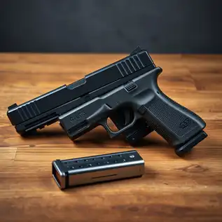 Side-by-side comparison of a Glock 17 and Glock 19 handgun on a wooden table, highlighting their differences in size, barrel length, and magazine capacity