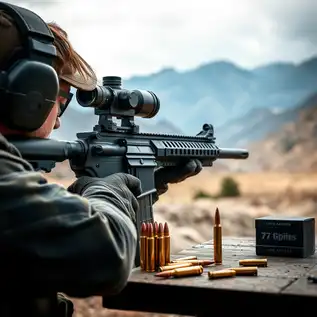 Precision shooter using an AR-15 rifle with 77 grain 223 ammo on a long-range shooting range, showcasing accuracy and reliability in an outdoor tactical setting.