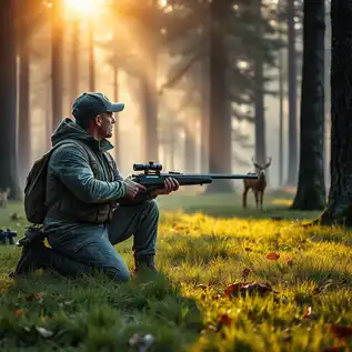 A hunter in camouflage gear kneels in a forest clearing during early morning, holding a bolt-action rifle. A deer is partially visible through the trees in the background, with soft sunlight and mist creating a serene atmosphere. The scene includes fallen leaves, a backpack, and binoculars, emphasizing the hunting theme